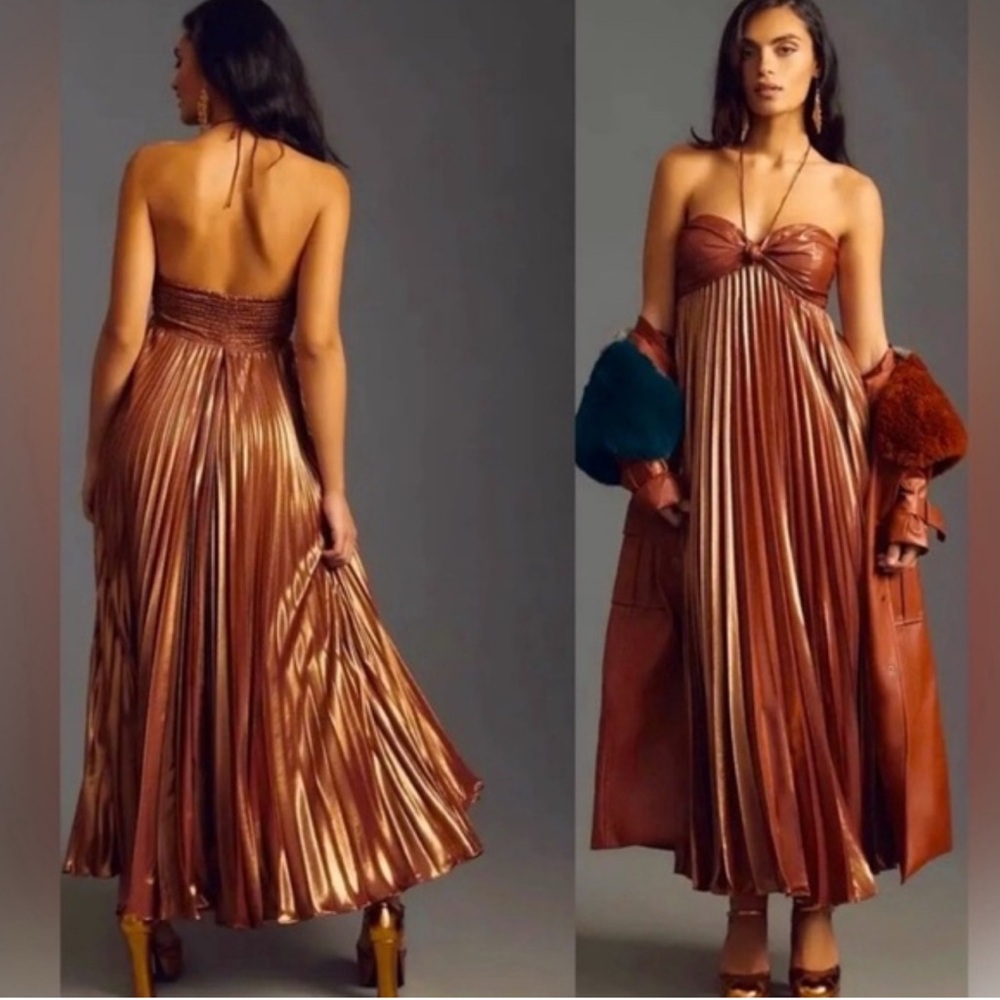 Anthropologie Copper Metallic Pleated Backless Maxi Dress